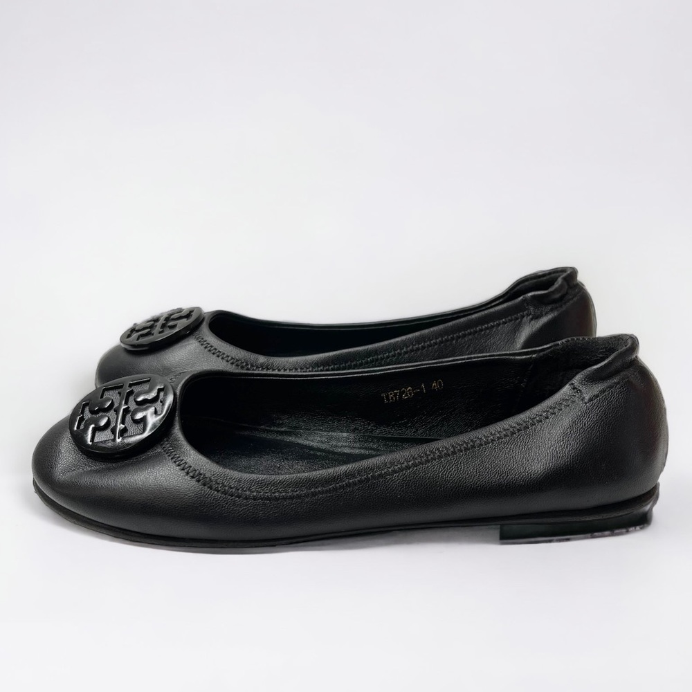 Tory Burch Minnie Travel Ballet Flats Black Leather Foldable, Size 40